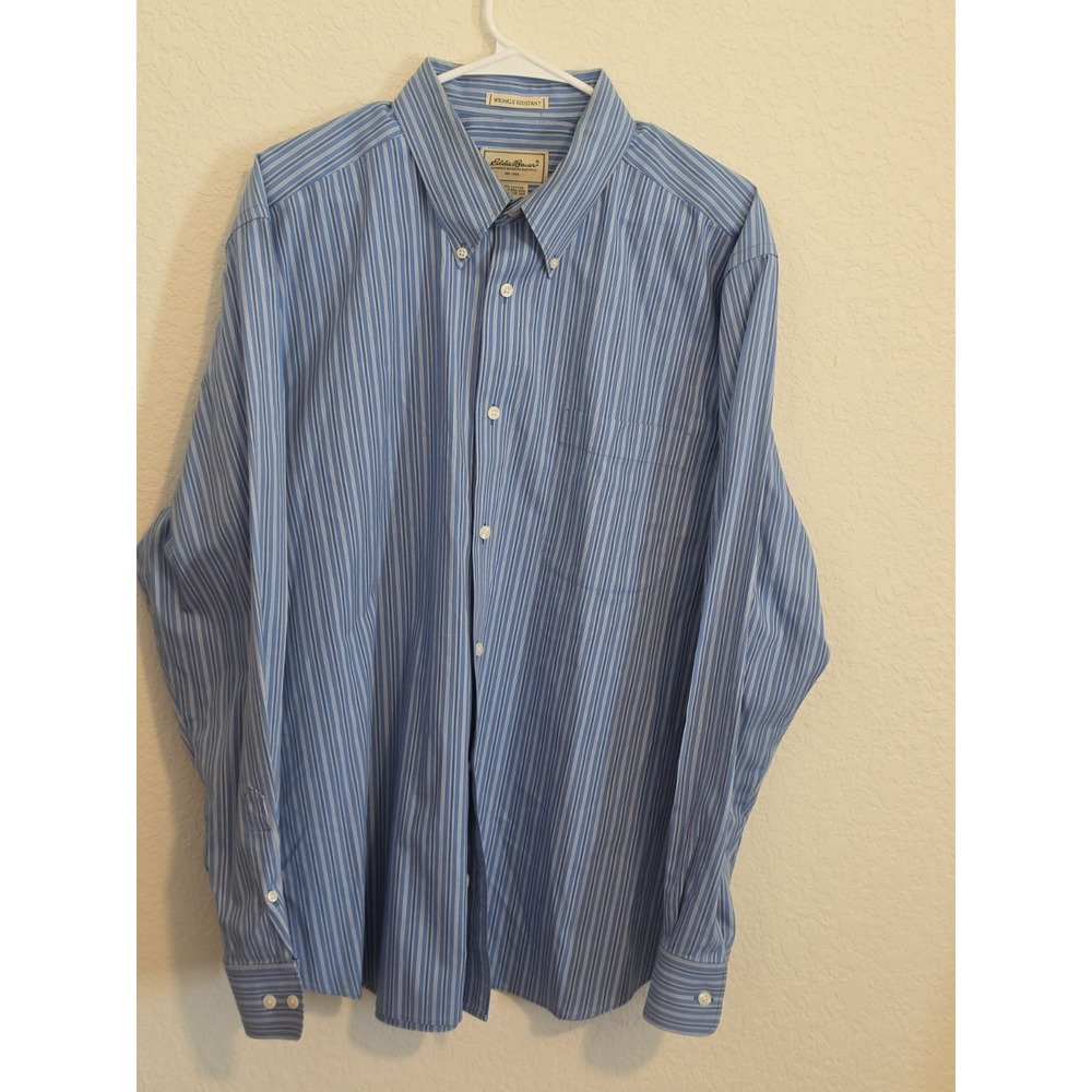 Eddie Bauer Button Down Shirt Mens XL Tall Blue Wrinkle Resistant Cotton Casual
